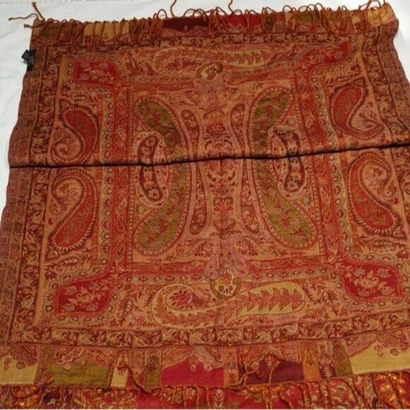 Tie Rack Earthy Embellished Paisley Wool Oblong Scarf Shawl - Picture 5 of 9